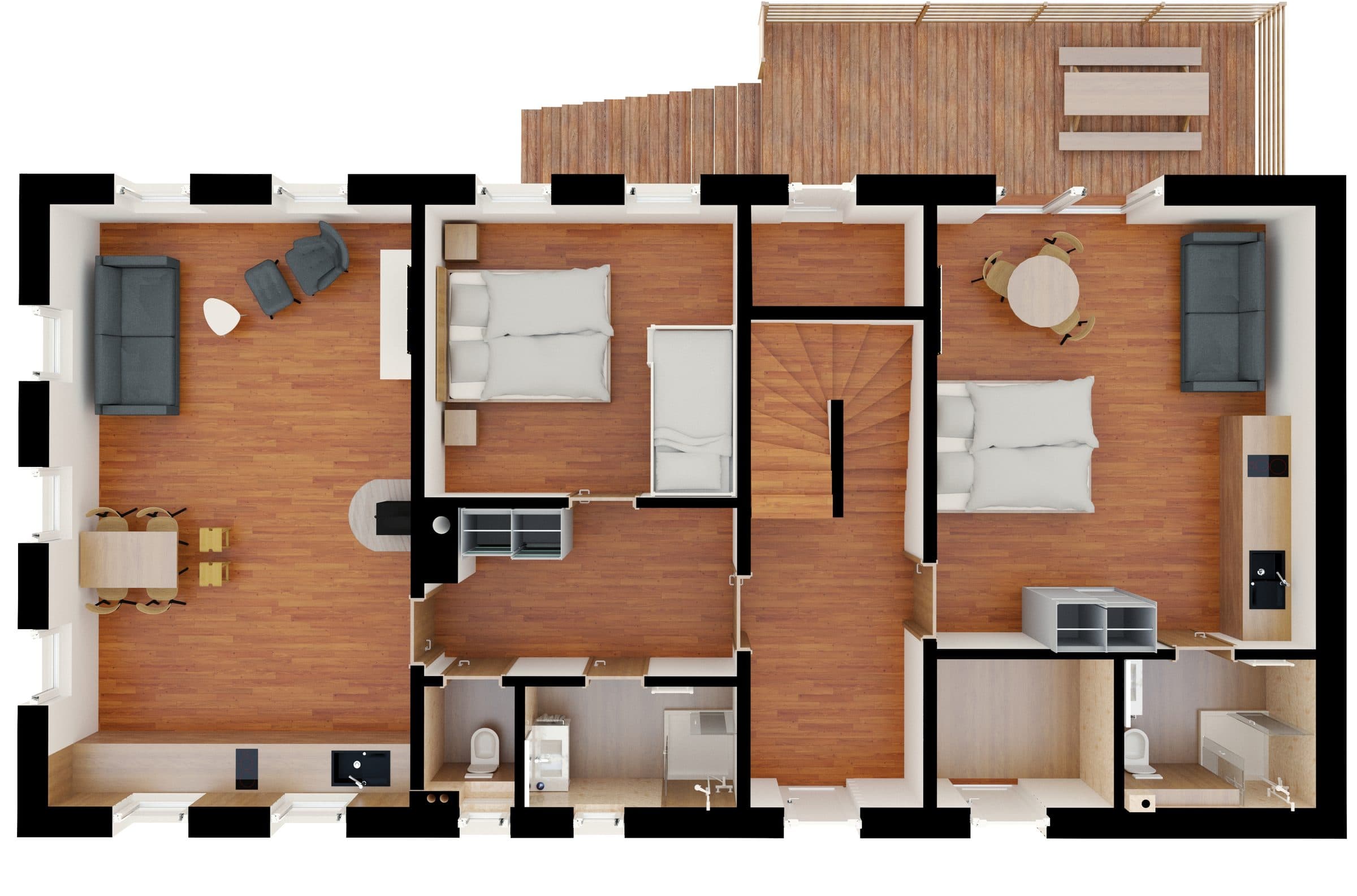 3D půdorys přízemí – vlevo apartmán Stela, vpravo apartmán Daniel s terasou, mezi nimi společná chodba se schodištěm
